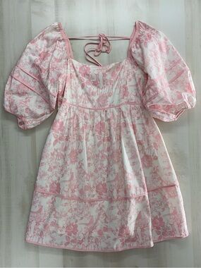 LOVELO Woodland animal toile printed pink puff sleeve dress 1XL